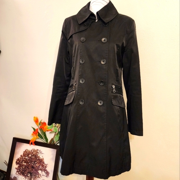 Dkny Black Trench Coat Classic Tailored Design Double Breasted Military Zippers - Picture 1 of 16